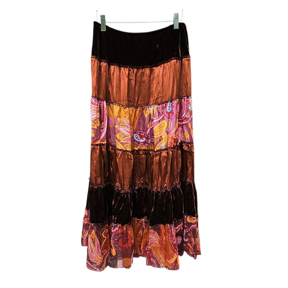 Cache Silk Tiered Patchwork Skirt Layered Brown Velvet Boho Gypsy Metallic Small
